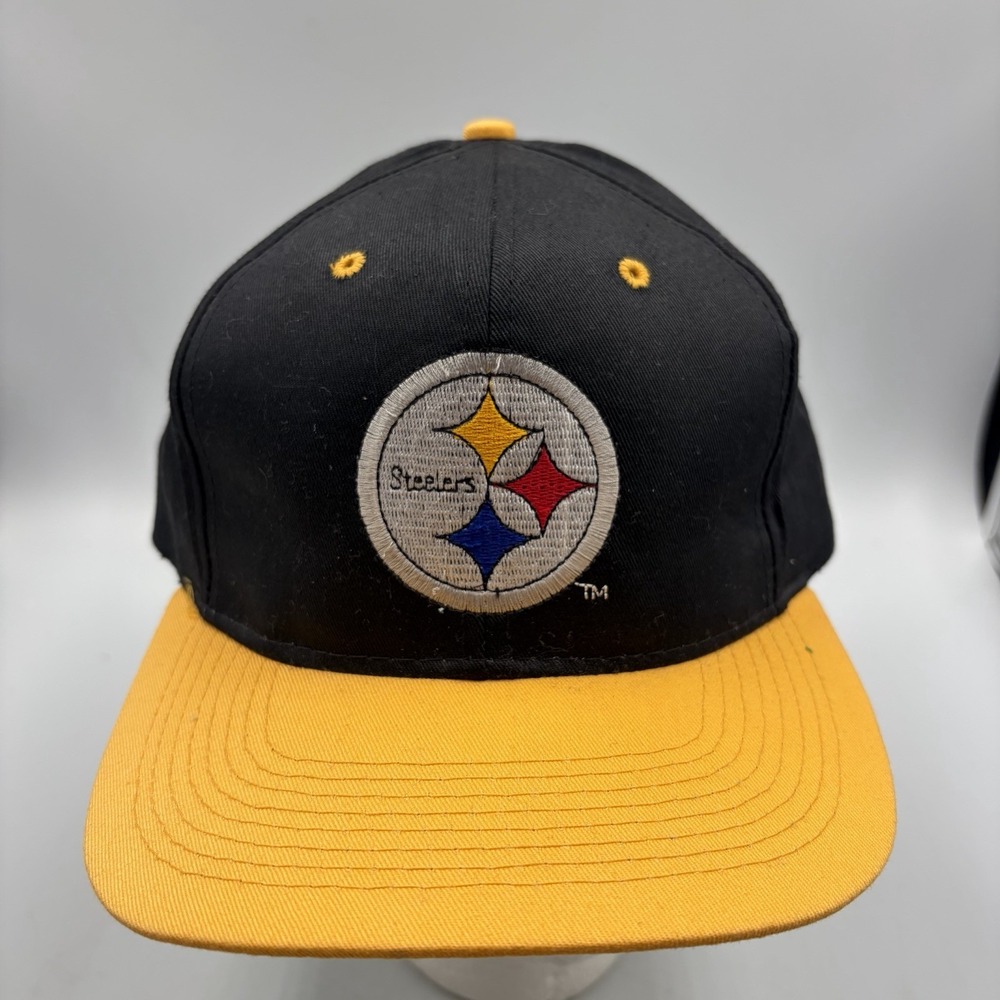 Vtg Pittsburgh Steelers Hat 80s Snapback NFL Black Cap Yellow Bil Embroidered